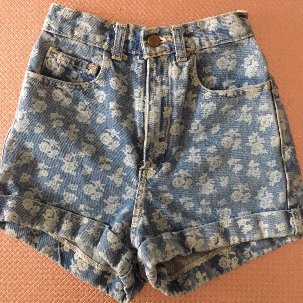 American Apparel High Waisted Floral Denim Shorts